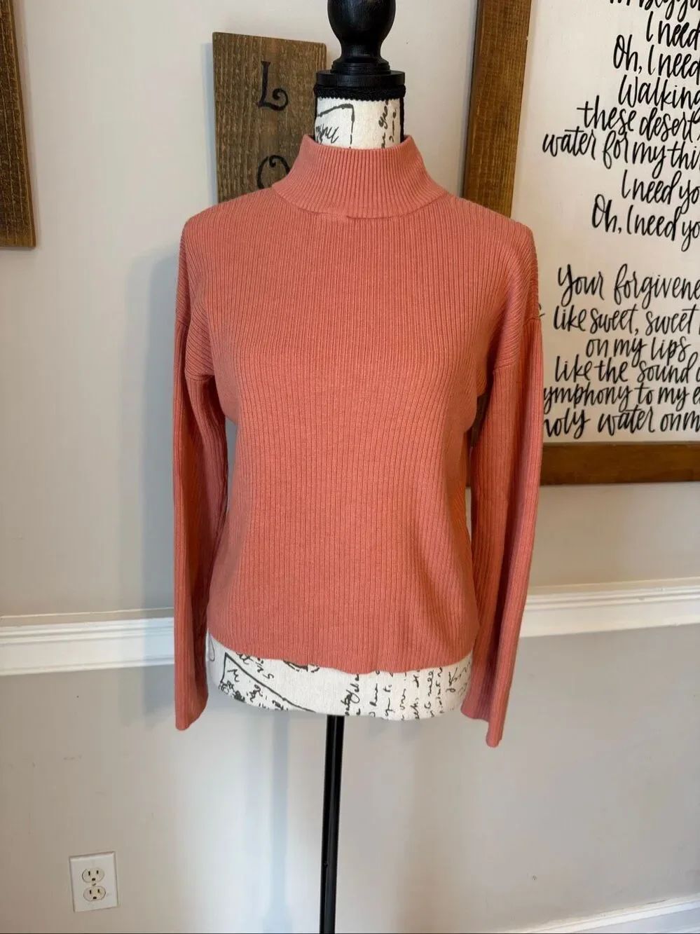AnnβTaylor Women's Ribbed Mock Neck Drop Shoulder Pullover Sweater Coral Small